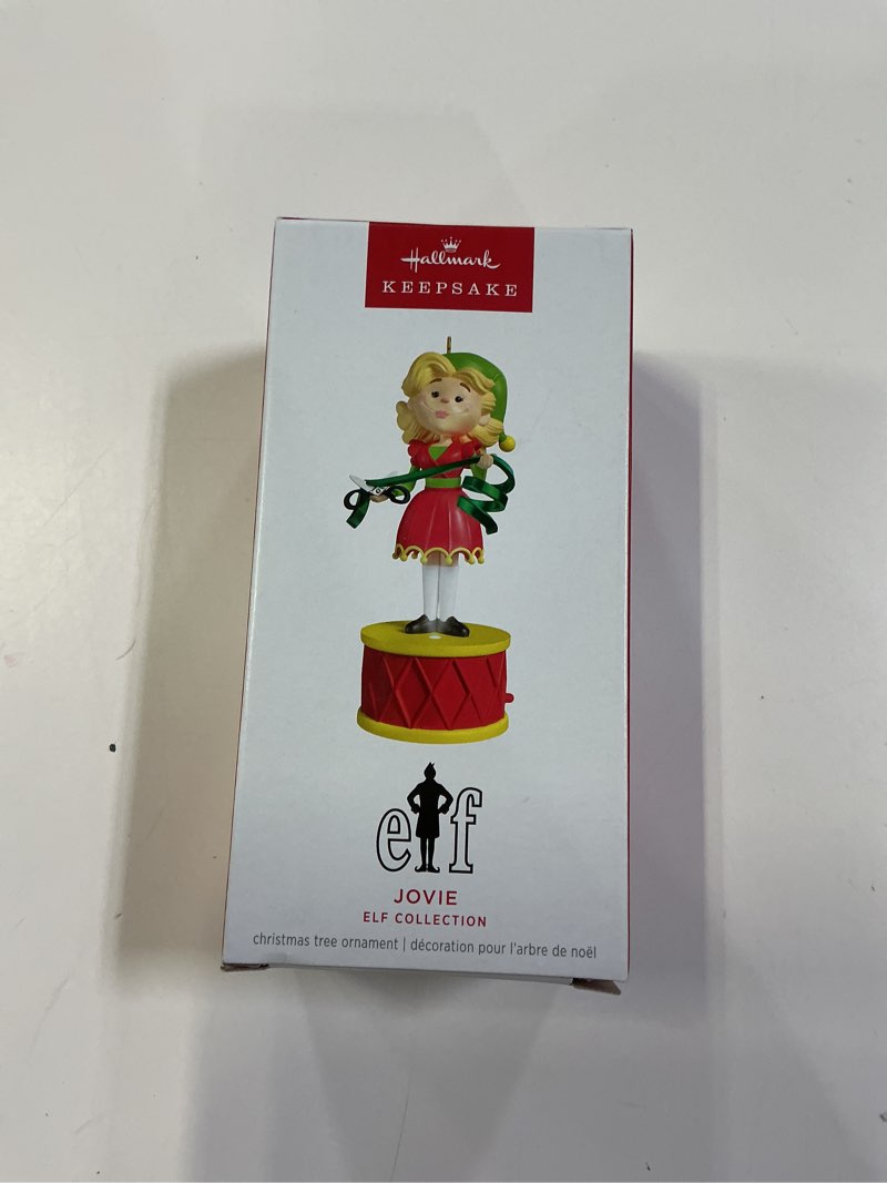 Condition photo showing New/Like New for hallmark keepsake christmas ornament, elf collection jovie with light and sound, christmas movie gif