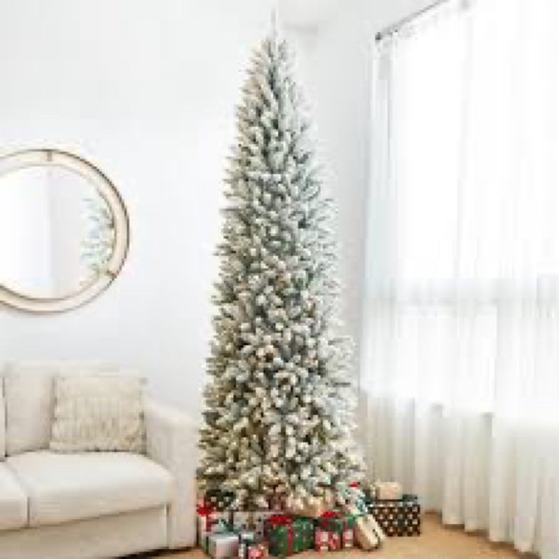 johvan deluxe pre-lit slender flocked realistic fir christmas tree with twinkling lights