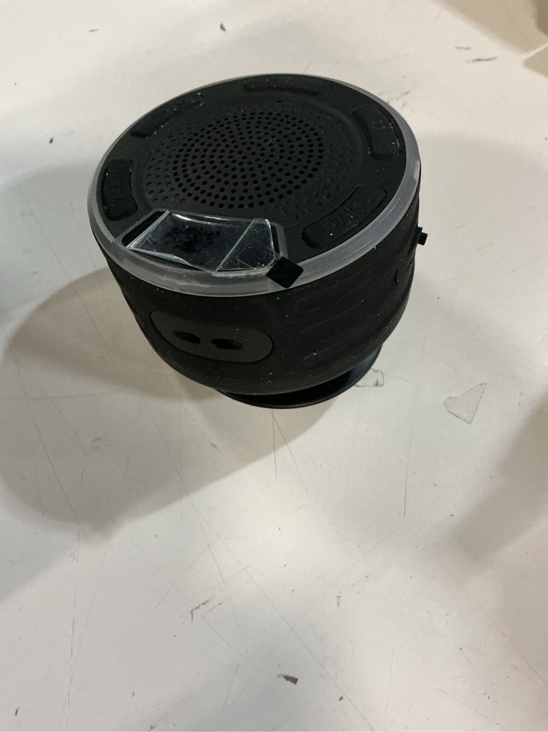 Condition photo showing As Is for bluetooth speakers, ipx7 waterproof shower speaker, portable speaker with led display, fm radio, suction cup, light show, built-in mic, best gifts for pool beach home party travel outdoors black