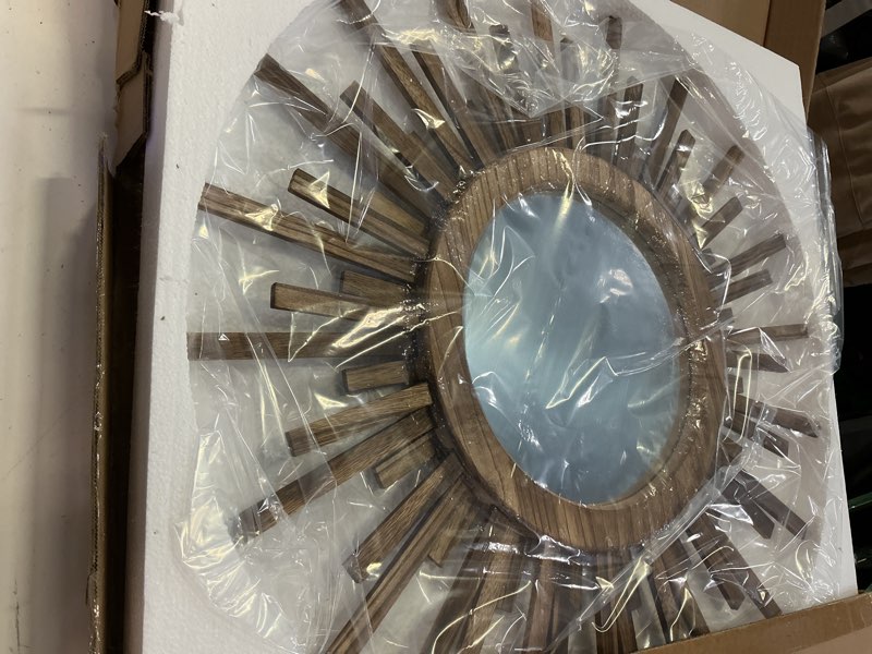 Condition photo showing New/Like New for 24 inch boho sunburst mirror, round wooden wall decor starburst sun mirror for bedroom, living room, bathroom, hallway, balcony, farmhouse entryway, housewarming gift 24"l x 24"w
