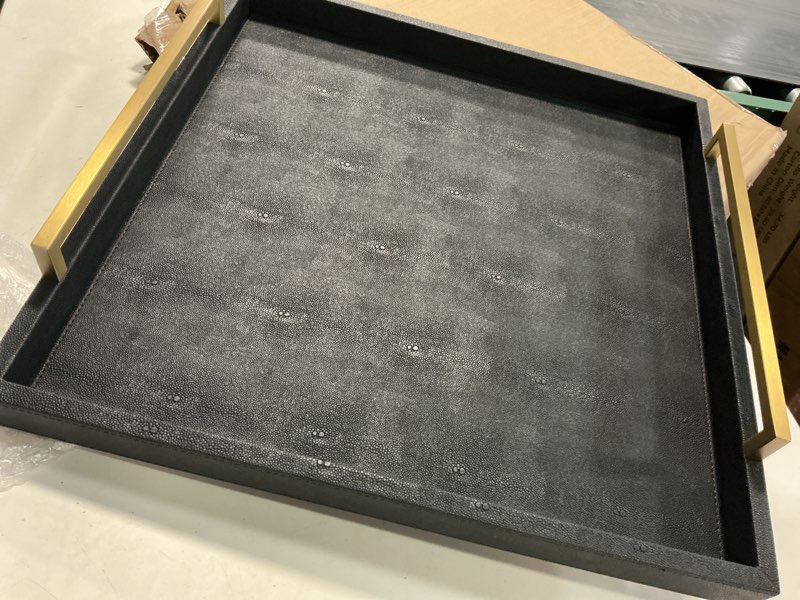 Condition photo showing New/Like New for extra black large serving tray with handles for ottoman,versatile shagreen leather square ottoman tray for living room black 20" x 20" x 3"