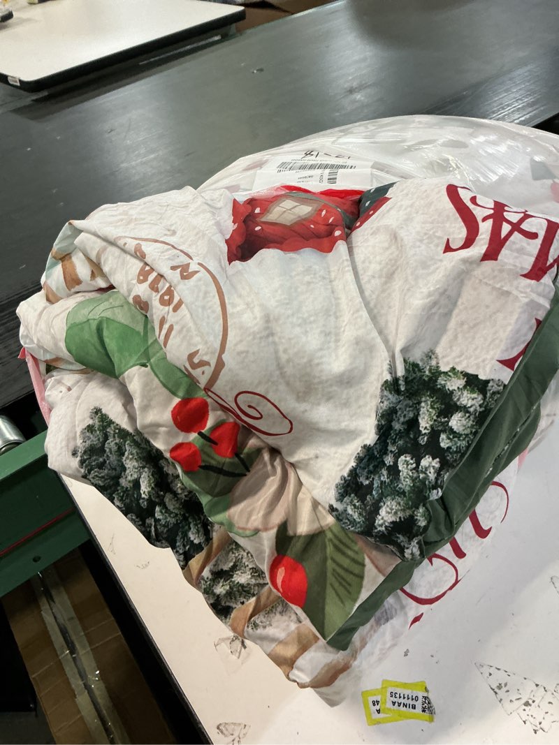 Condition photo showing As Is for Christmas Quilt Set Twin Rustic Christmas Tree Snowman Cardinal Holly Pattern Printed Bedding Quilted Bedspread Coverlet with 1 Pillow Shams for All Season, Soft Microfiber Quilt 68\"x86\