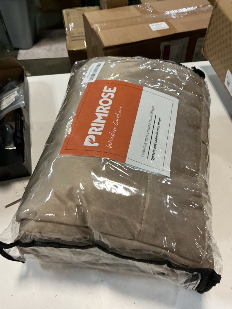 Condition photo showing Good Condition for primrose blackout taupe velvet curtains, 96 inch long, set of 2 panels, liner rod pocket, back tab, thermal, room darkening, heavy decorative curtains for living room & bedroom taupe 52"w x 96"l (pack of 2)