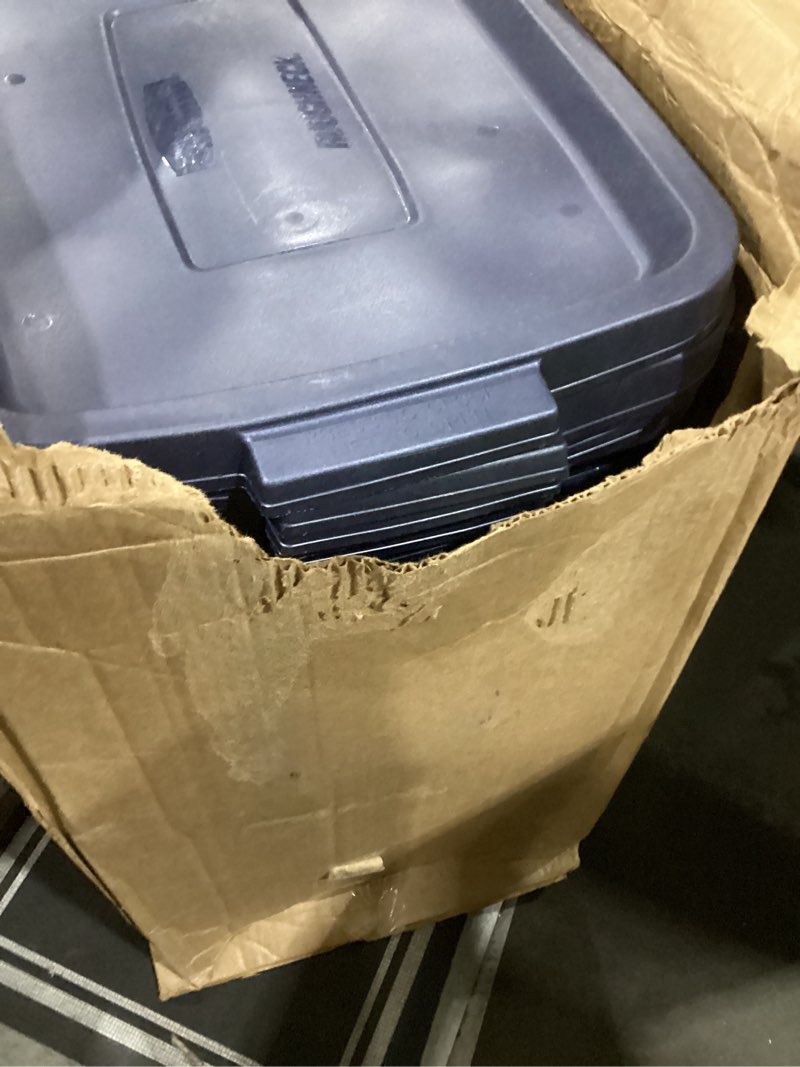 Condition photo showing As Is for Rubbermaid Roughneck Tote 18 Gal, 6 Pack, Made in USA, Dark Indigo Metallic, Rugged Plastic Stackable Storage Bins with Lids and Handles 18 Gal - 6 Pack