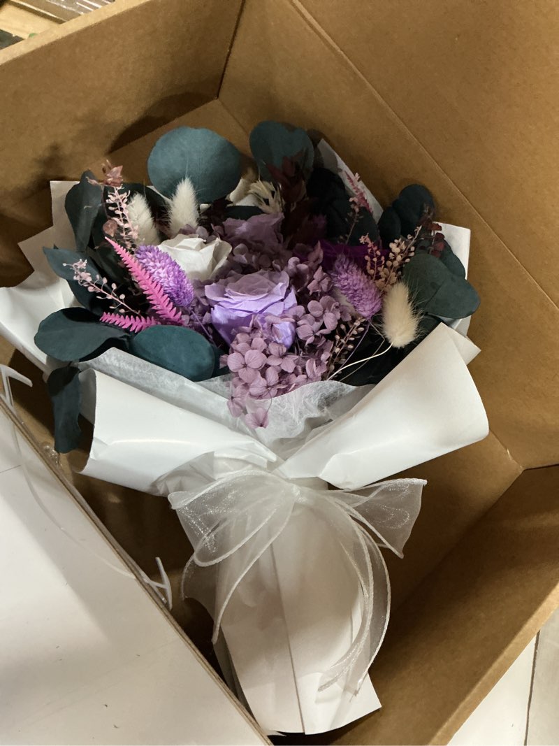 Condition photo showing New/Like New for preserved flowers bouquet for delivery, purple rose bouquet gift for women, long lasting floral arrangement for home decor, birthday anniversary