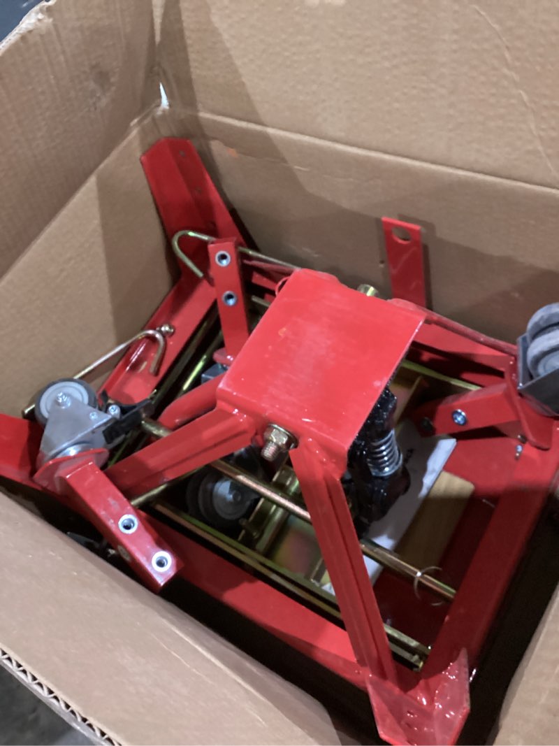 Condition photo showing As Is for POSSIBLE MISSING HARDWARE.    VIVOHOME 350 Lbs Heavy Duty Hydraulic Motorcycle Lift Jack, ATV Dirt Bike Foot Operated Scissor Stand Table with 4 Wheels and Removable Stopper, Red
