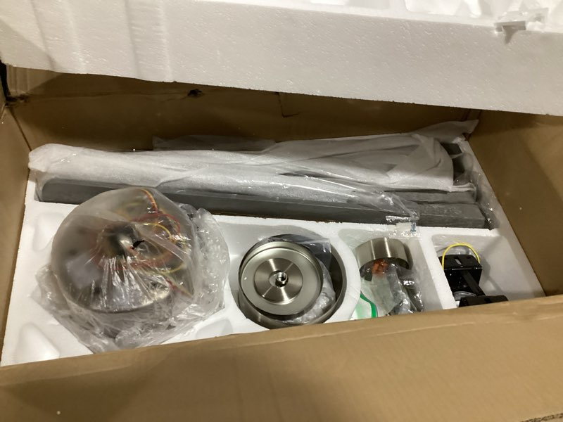 Condition photo showing As Is for wingbo 54 inch dc ceiling fan without lights, 5 reversible carved solid wood blades, 6-speed noiseless dc motor, ceiling fan no light with remote, brushed nickel finish with gray blades, etl listed