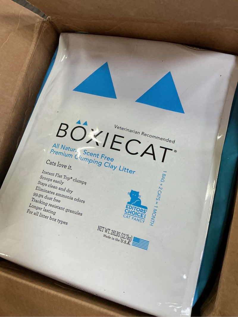Condition photo showing New/Like New for boxie® extra strength 35 day odor control clumping clay cat & kitty litter 28lb, 99.9% dust-free, probiotic formula, long-lasting, veterinarian approved, easy scooping for multi-cat homes extra strength 28 lb