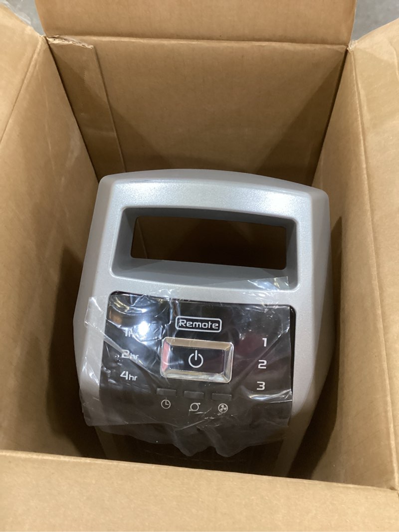 Condition photo showing As Is for lasko high velocity oscillating tower fan for bedroom, garage, basement, and gym with remote control, timer, 3 powerful speeds, 35" silver/black, u35115