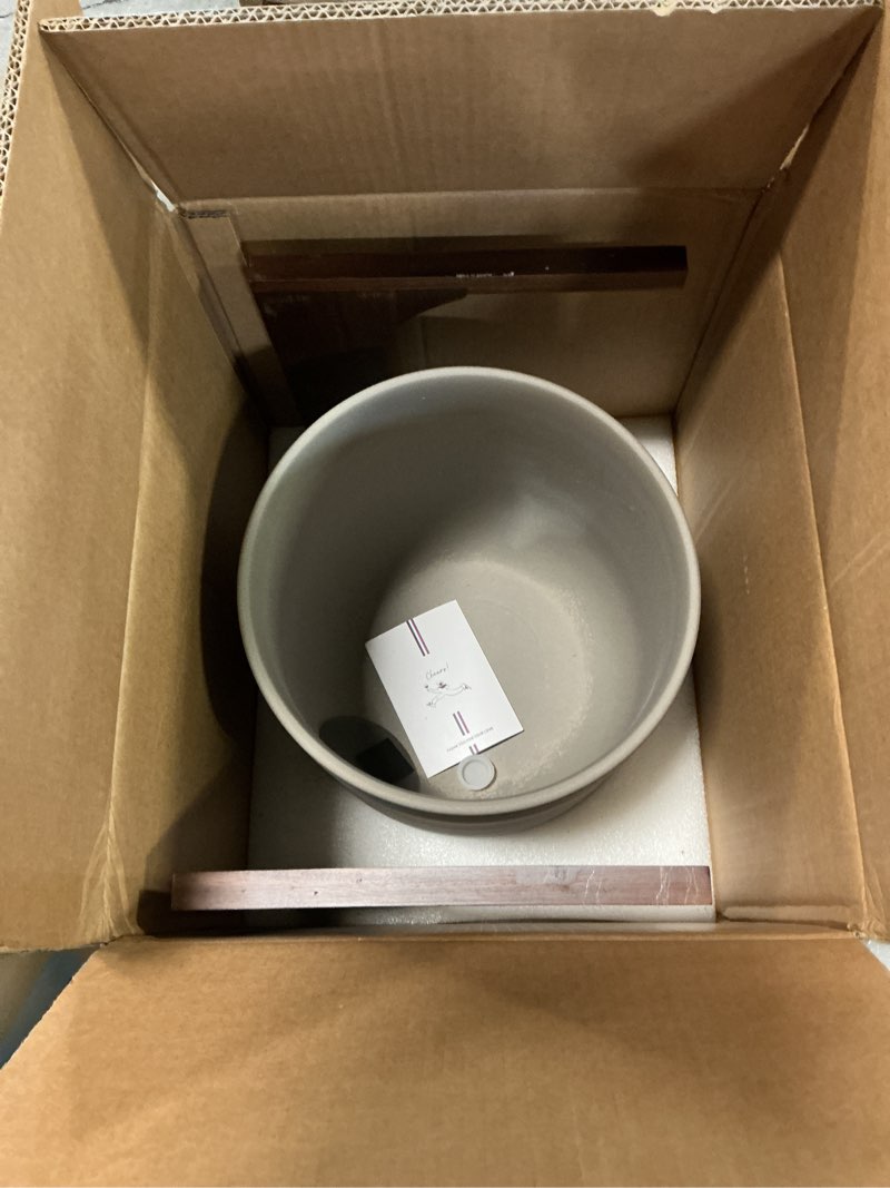Condition photo showing Good Condition for le tauci 12 inch plant pot with acacia wood stand, ceramic large planters for indoor plants, indoor pots for plants office living room, cylinder planter with drainage hole and plug, neutral gray neutral gray 12 inch