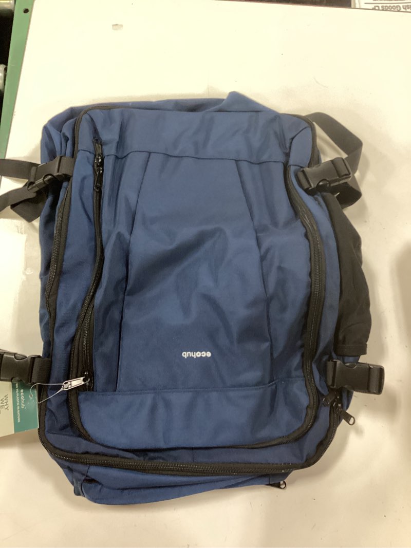 Condition photo showing New/Like New for ecohub travel backpack 18x14x8 spirit airlines personal item bag carry on backpack 13 pockets large work casual daypack for men airline approved waterproof gym backpack with charging port, blue blue 18 inch underseat