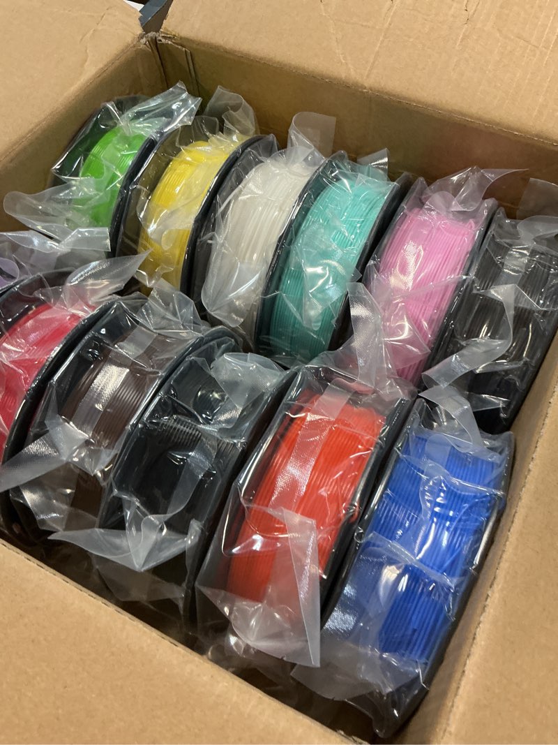Condition photo showing New/Like New for 1.75mm 3d printer normal pla filament 12 bundle, most popular colors, 500g per spool, 12 spools pack, total 6kgs material with one bottle of 3d printer stick tool mika3d 12 spools - white+black+grey+brown+sapphire blue+red+lime green+yellow+orange+pink+purple+cyan 0.5 kg/spool