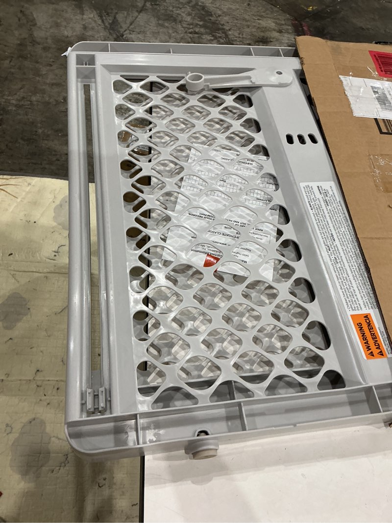 Condition photo showing Good Condition for mypet universal pet gate: 26” - 42” wide dog gate for doorways with pressure fit or swinging door hardware mounting types included: 26" tall; gray