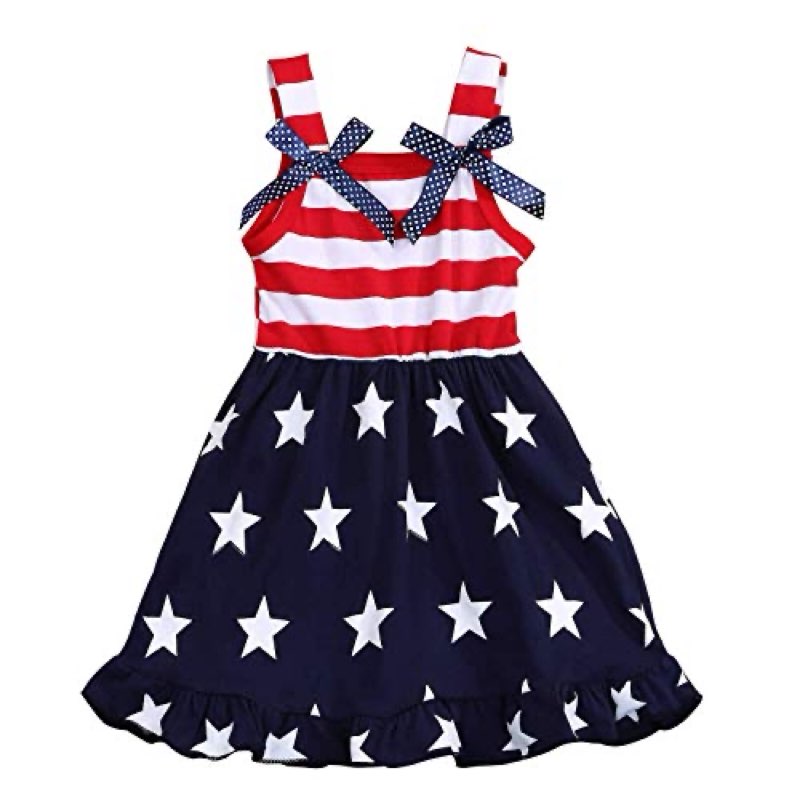 USKIDKK Toddler Baby Girls 4th of July Outfit Straps Bowknot Stars Striped Dress Summer Independence