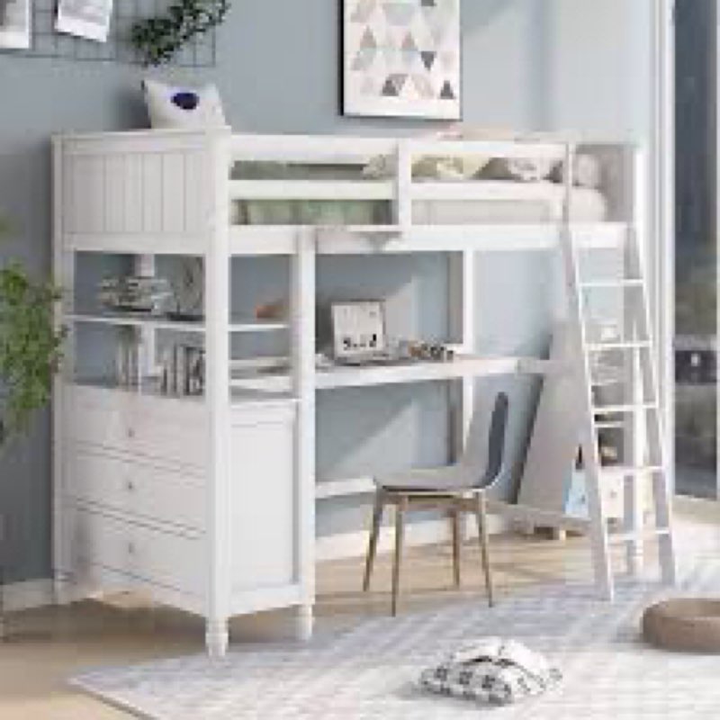 Incomplete (1of 2) Twin Loft Bed with Desk and 3 Drawers, Solid Twin Size Loft Bed Frame with 2 Tier Shelves and Angled Ladder Compatible with Teens Boys Girls, No Box Spring Needed (White) Bedroom Bed Frame,
