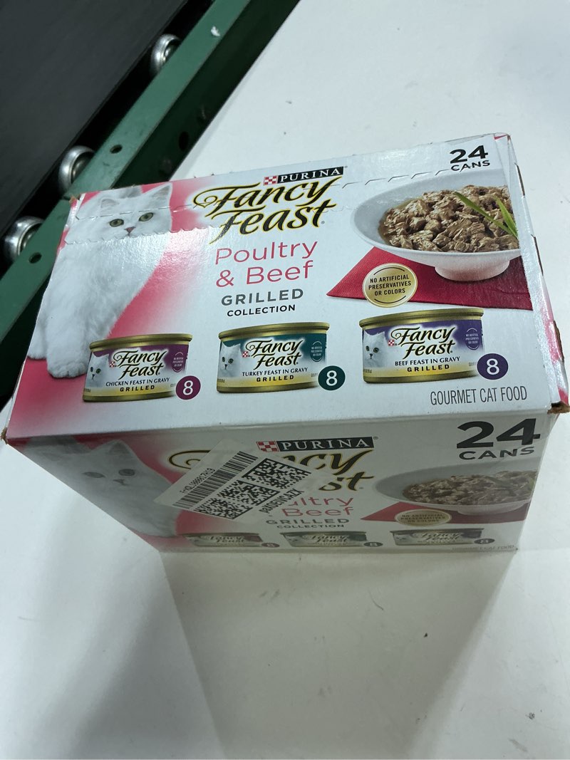 Condition photo showing Good Condition for (best by jan 2028) purina fancy feast grilled wet cat food poultry and beef collection wet cat food variety pack - (pack of 24) 3 oz. cans