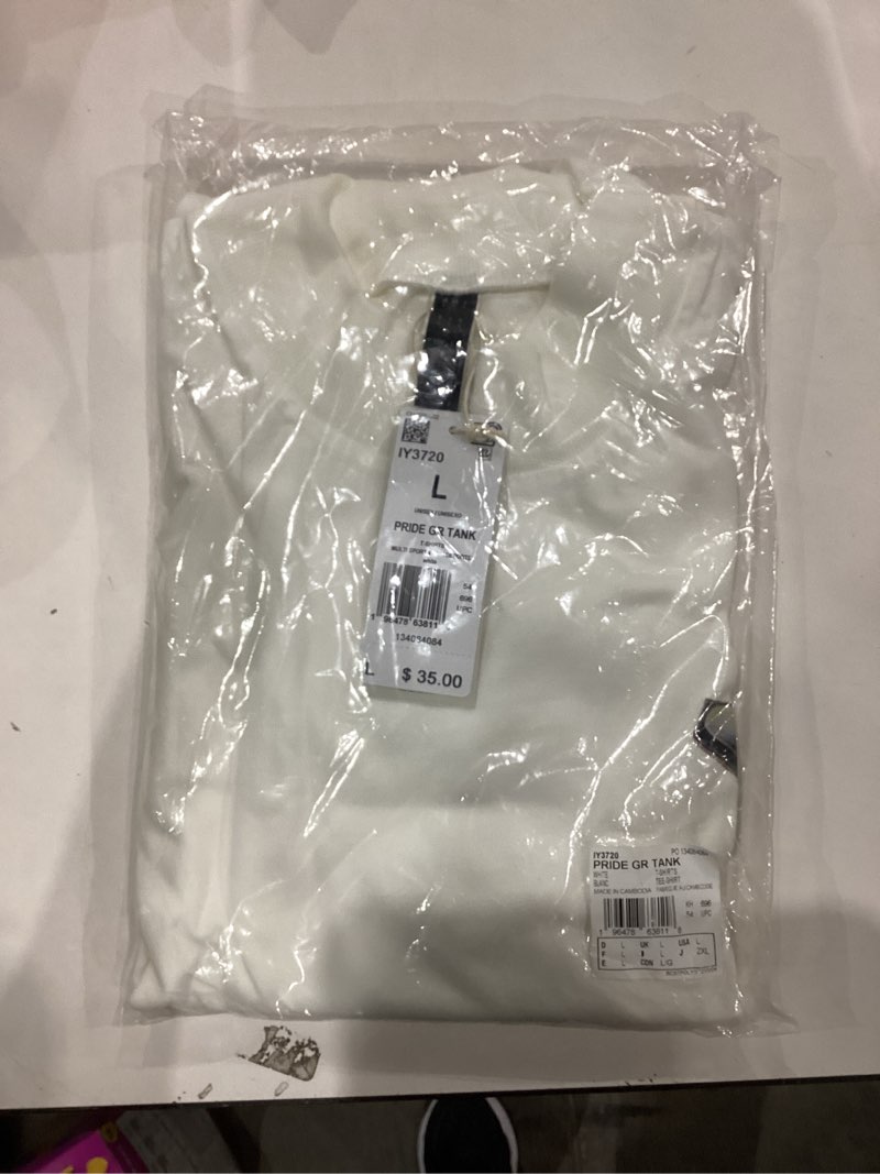 Condition photo showing As Is for adidas Mens Pride Graphic Crop Tank Top Large White