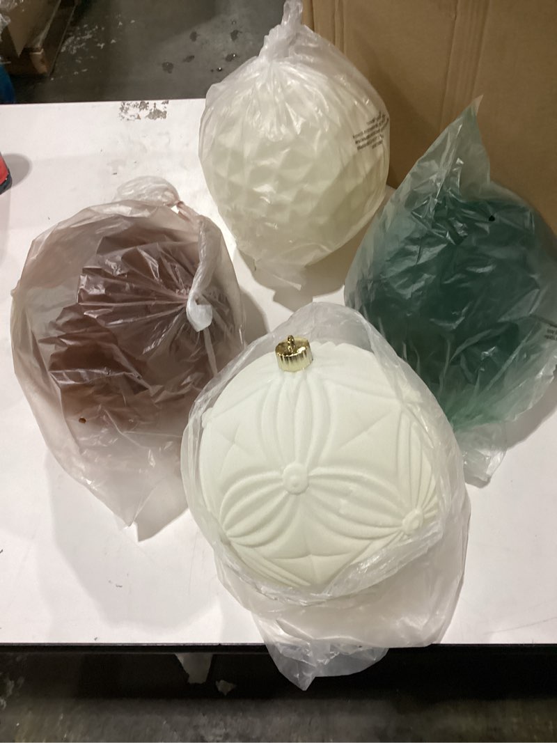 Condition photo showing New/Like New for Lanpn 4 Pcs 8" Large Christmas Ornaments, Oversized Velvet Xmas Tree Ball, Big Flocked Christmas Tree Ornament, Shatterproof Plastic Balls for Yard Lawn Holiday Hanging Decor, Neutral Color Beige-Brown-Dark Green 8"/ 4 pcs