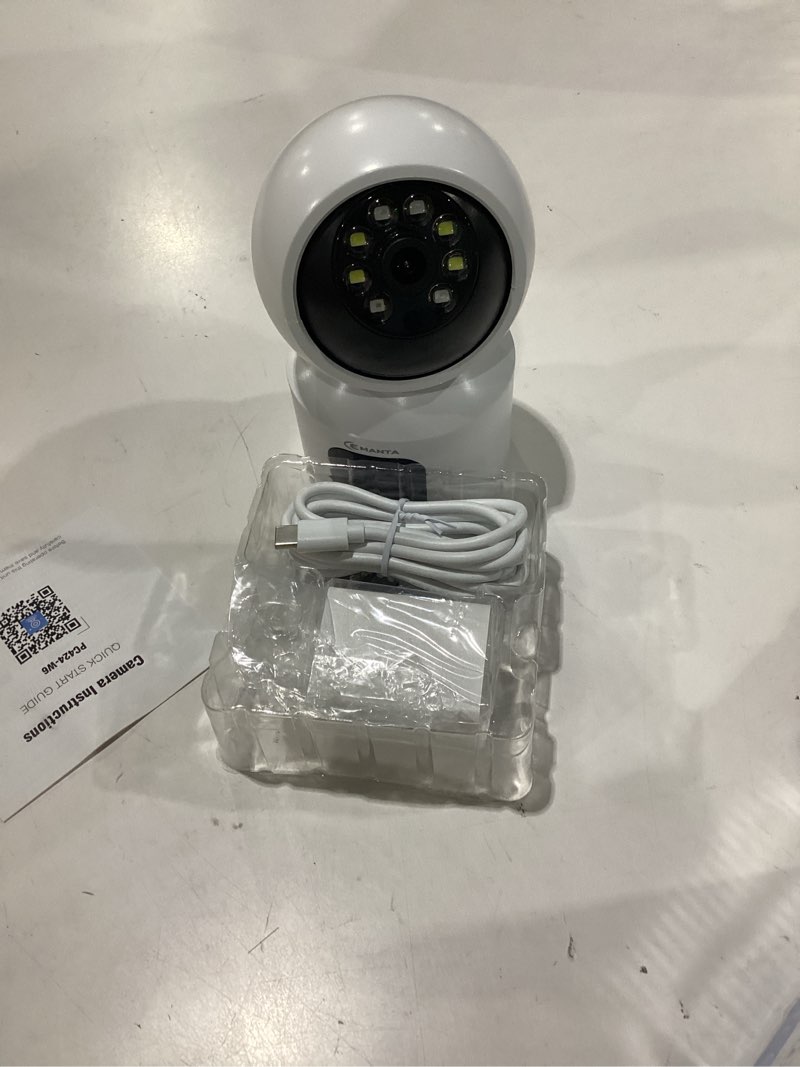 Condition photo showing Good Condition for 4mp security camera indoor, free cloud storage, dual-len baby & pet cam for home security, 2.4/5ghz wifi, 360 ptz, 2-way audio, color night vision, ai motion detection, compatible with alexa white
