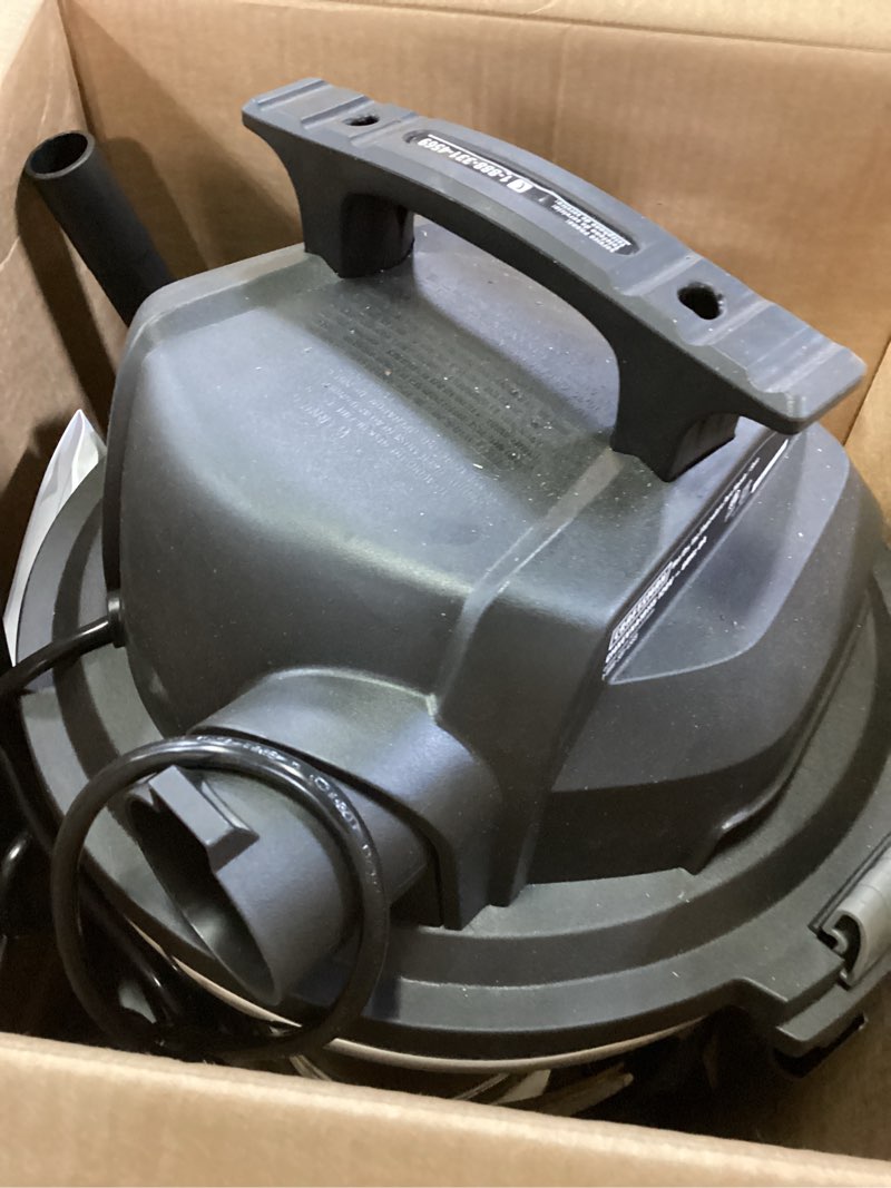 Condition photo showing As Is for craftsman 5-gallon 4-hp corded wet/dry shop vacuum with accessories included