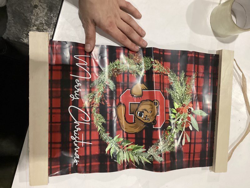 Condition photo showing As Is for KH Sports Fan Reversible Banner Sign Merry Christmas Plaid Cornell Big Red