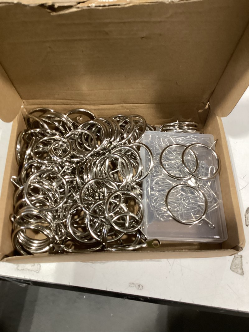 Condition photo showing As Is for Qunclay 100 Set 1.26 Inch Metal Curtain Rings with Eyelets Curtain Hooks for Drapes and Metal Drapery Pin Drapery Hooks for Window Door Shower Bathroom Rings (Silver) Silver 1.26 Inch