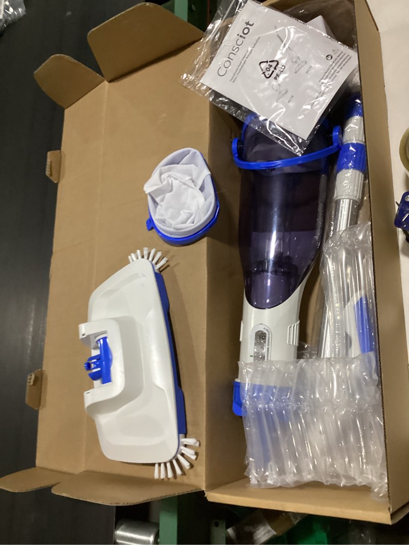 Condition photo showing New/Like New for pool vacuum for above ground pools & inground pools, 2026 update for motor, consciot rechargeable handheld cleaner with telescopic pole, 18.5 gpm suction, 13.4" head, 60-min runtime l1