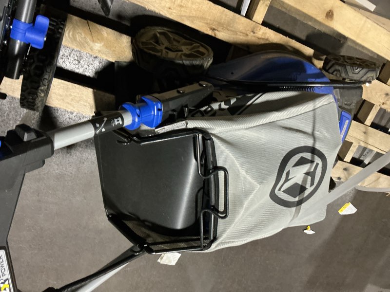 Condition photo showing As Is for kobalt 48-volt, 20-in cordless self-propelled lawn mower with (2) 24-volt, 5 ah battery included batteries included