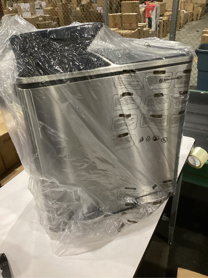 Condition photo showing As Is for songmics trash can, 2 x 8 gallon (2 x 30 l) garbage can for kitchen, with 15 trash bags, 2 compartments, plastic inner buckets and hinged lids, airtight, silver and black ultb60nl version 1 silver + black