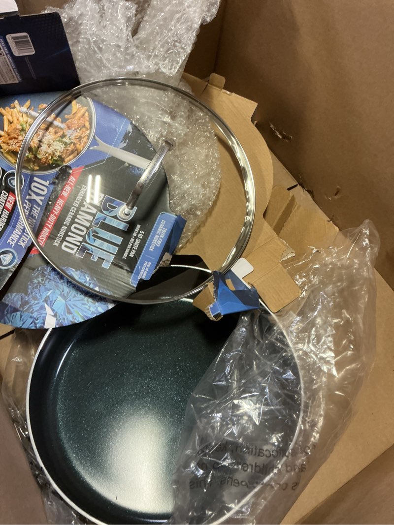 Condition photo showing Good Condition for Blue Diamond 5QT Saute Pan with Lid, Non Toxic PFAS-Free Diamond Ceramic Nonstick, Dishwasher & Oven Safe, Metal Utensil Safe, Deep Jumbo Cooker Skillet with Helper Handle, Glass Lid, Blue 20 Cup with Lid Blue