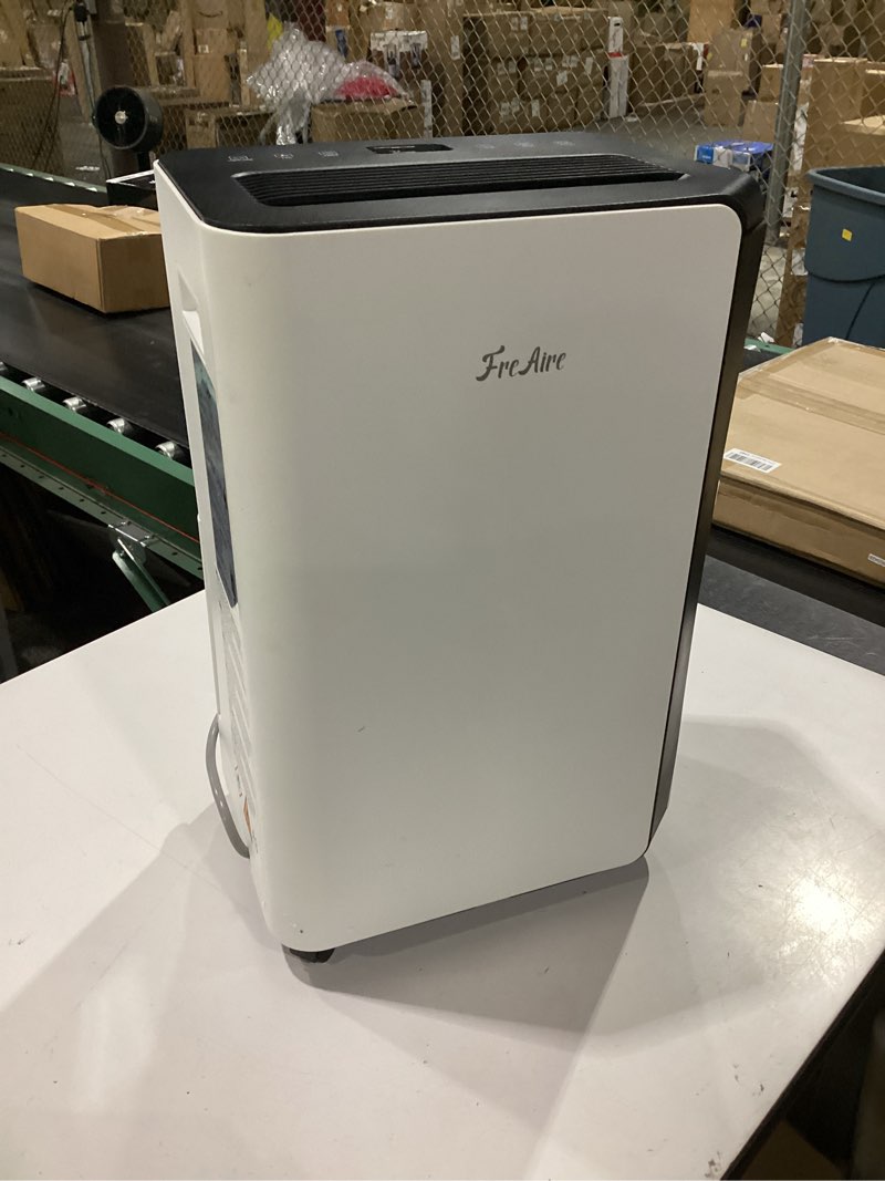 Condition photo showing As Is for freaire 54pint dehumidifier for 4500sq.ft, compressor dehumidifiers for home, front humidity value display&quiet dehumidifier for basement, bedroom, bathroom, with drain hose, 1.13 gallon water tank white