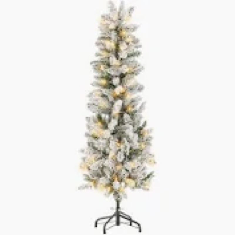Artificial Christmas Tree, 4.5Ft Fake Christmas Trees with Lights, Snow Flocked Pencil Spruce Xmas T