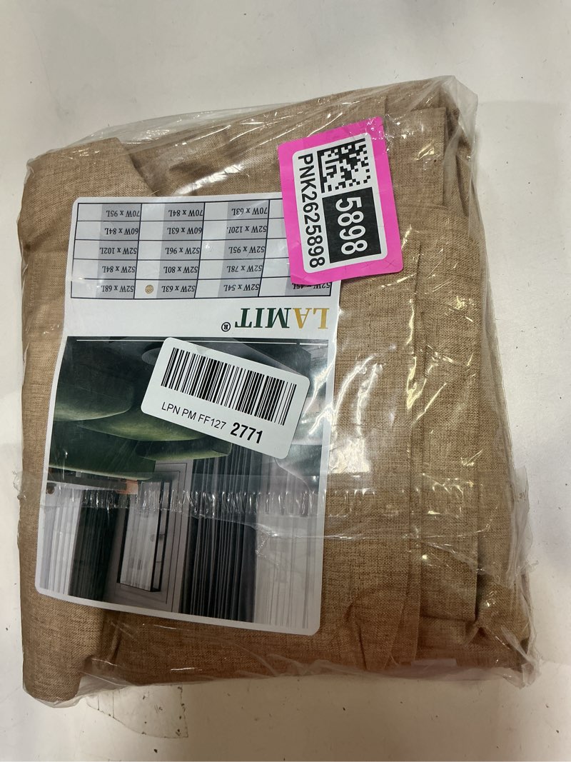 Condition photo showing New/Like New for LAMIT Natural 100% Blackout Linen Curtains, 63 Inches Linen Textured Thermal Bedroom Curtains Back Tab and Rod Pocket Burlap Panels with White Liner for Farmhouse, 2 Panels, 52 x 63 Inch, Burlap 52"W x 63"L (Pack of 2) Burlap
