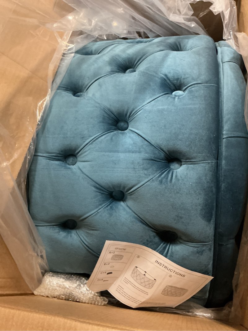 Condition photo showing New/Like New for adeco round storage ottoman button tufted footrest stool bench teal- velvet wood, fabric