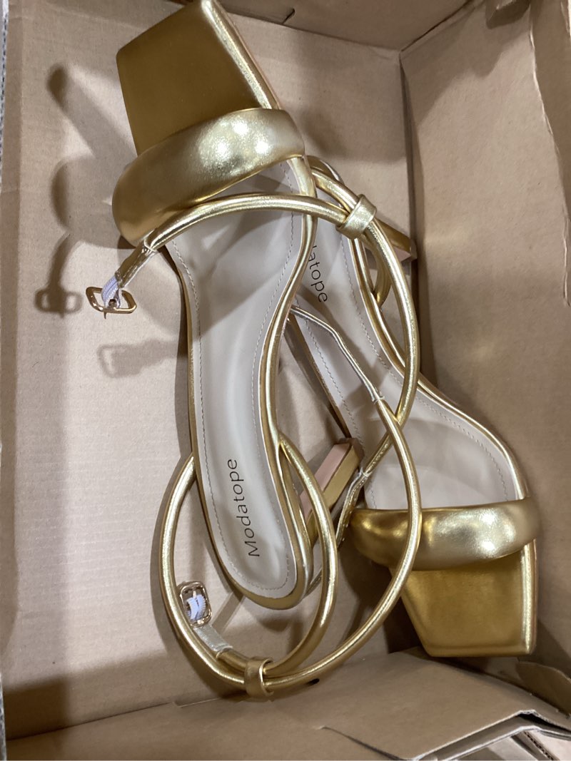 Condition photo showing Good Condition for modatope womens heels square open toe strappy high heels ankle strap heeled sandals for women party wedding daily wear 8.5 gold