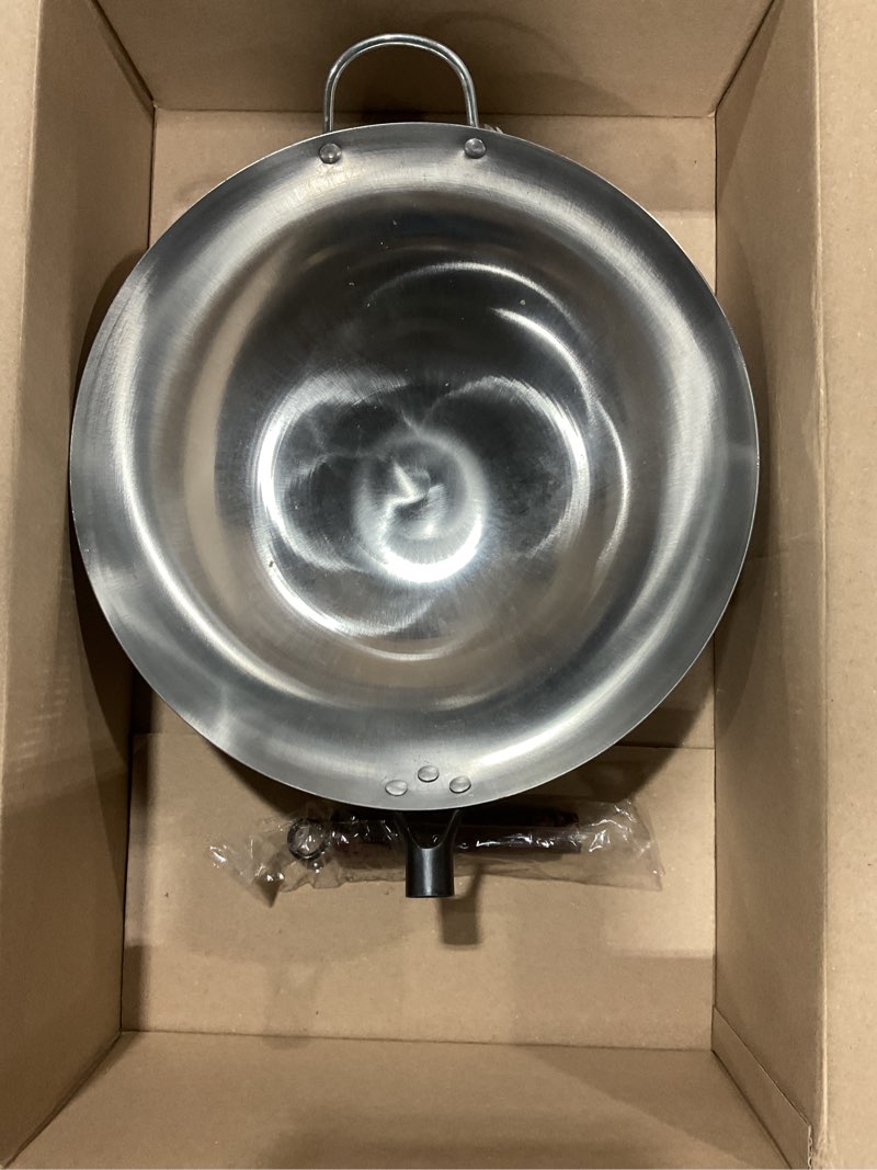 Condition photo showing New/Like New for craft wok traditional hand hammered carbon steel pow wok with wooden and steel helper handle (14 inch, round bottom) / 731w88 14-in