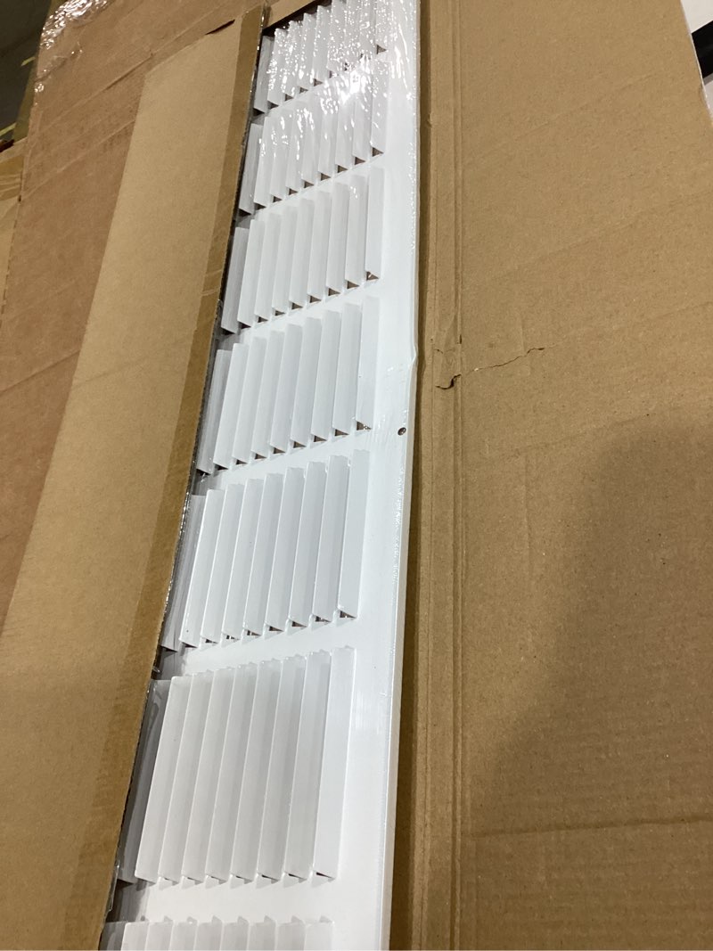 Condition photo showing As Is for 32x8 return air vent cover grille for wall or ceiling duct opening - flat stamped steel grill by hvac premium - white - overall size: 33.75" x 9.75" 32 x 8