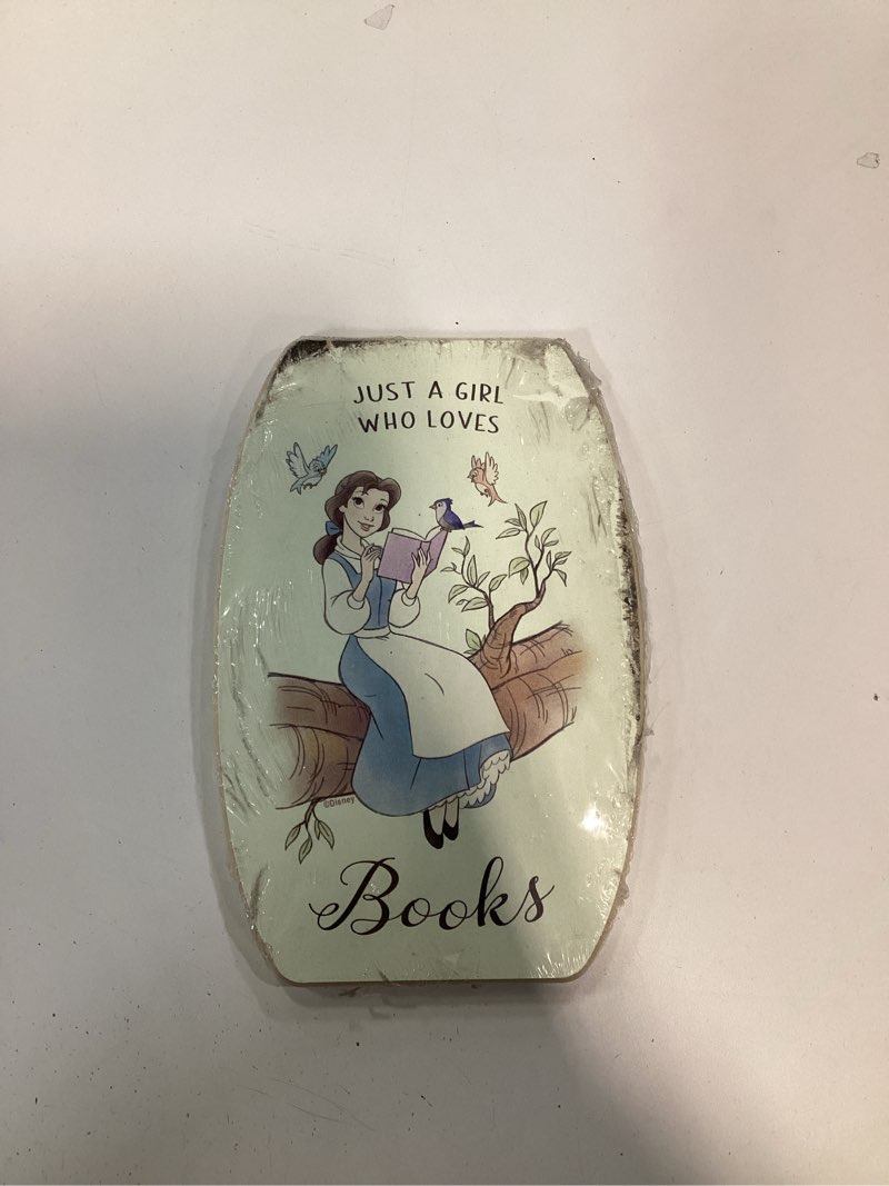 Condition photo showing As Is for Disney Beauty and the Beast Just a Girl Who Loves Books Hanging Wood Wall Decor - Cute Belle Decoration for Kids' Bedroom or Reading Nook Cream
