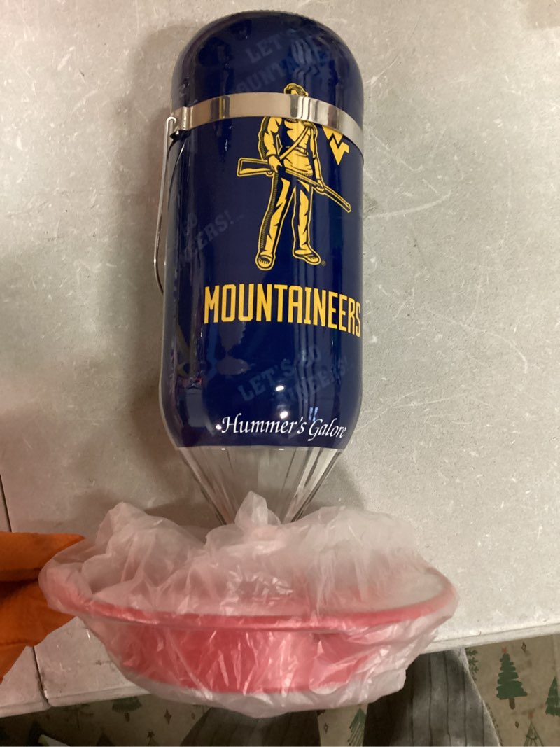 Condition photo showing New/Like New for Hummer's Galore, NCAA College Football Hummingbird Feeder, Glass Hummingbird Feeder with UV Resistant Plastic Wrap for Outdoors Hanging, 32 oz, (West Virginia Mountaineers)