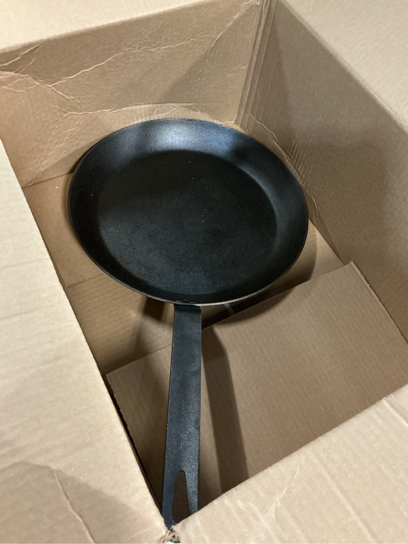 Condition photo showing As Is for lodge 12 inch carbon steel skillet - pfas-free pre-seasoned carbon steel frying pan for high-heat searing - long handle design for omelets, grilling, and campfire cooking, black - made in the usa