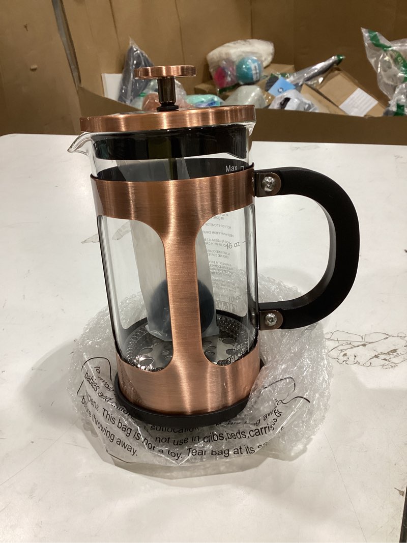 Condition photo showing New/Like New for veken french press coffee maker 21oz 0.6 l, single serve small pot, heat resistant thickened borosilicate glass, stainless steel brewer, cold brew cafetera teapot for kitchen travel camping, copper copper 21oz