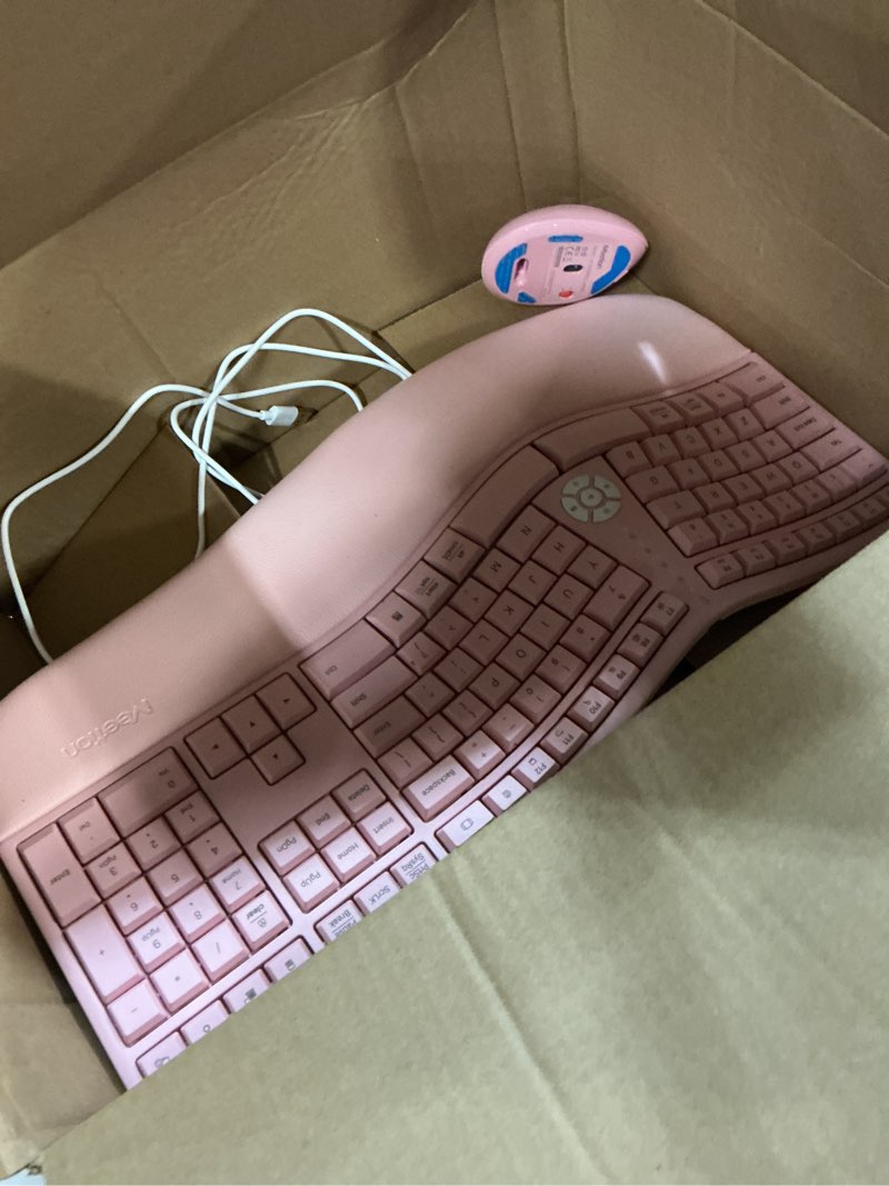Condition photo showing As Is for MEETION Ergonomic Keyboard and Mouse Combo, 2.4G Cordless Split Keyboard with Cushioned Palm Rest, Vertical Wireless Mouse, Natural Typing Full Size Keyboard, for Windows/Mac Pink Large Pink new