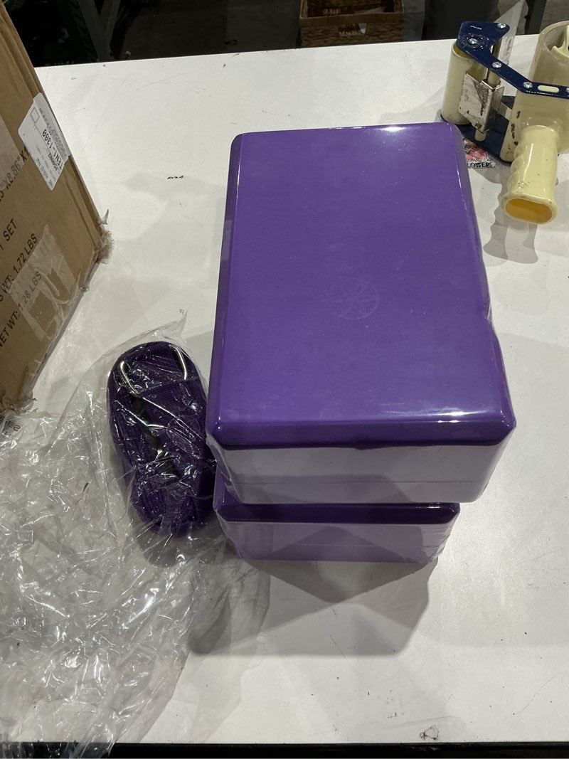 Condition photo showing Good Condition for gaiam yoga block - supportive latex-free eva foam - soft non-slip surface with beveled edges for yoga, pilates, meditation deep pueple 2 blocks w/strap