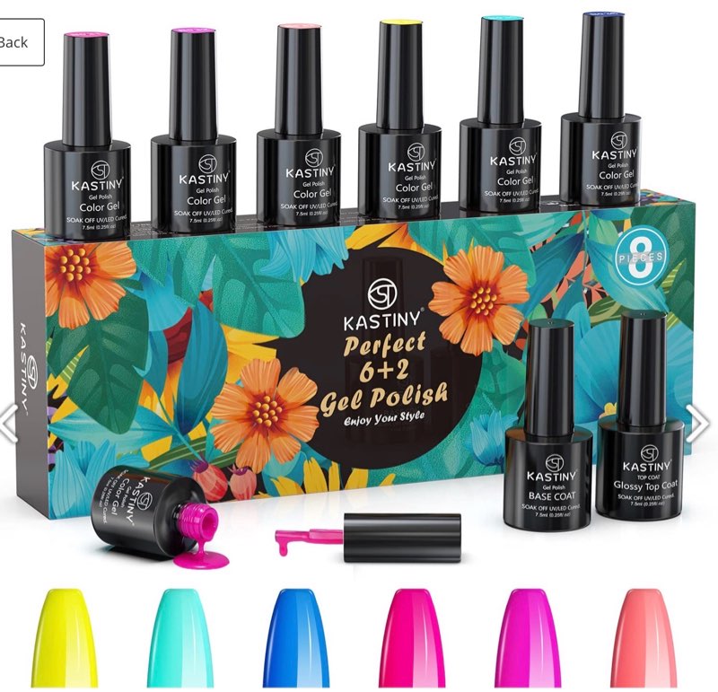 gel nail polish kit, kastiny 8pcs summer candy colors soak off gel nail collection with base, glossy gel top coat, gel nail polish set diy manicure kit for holiday valentine day gift set