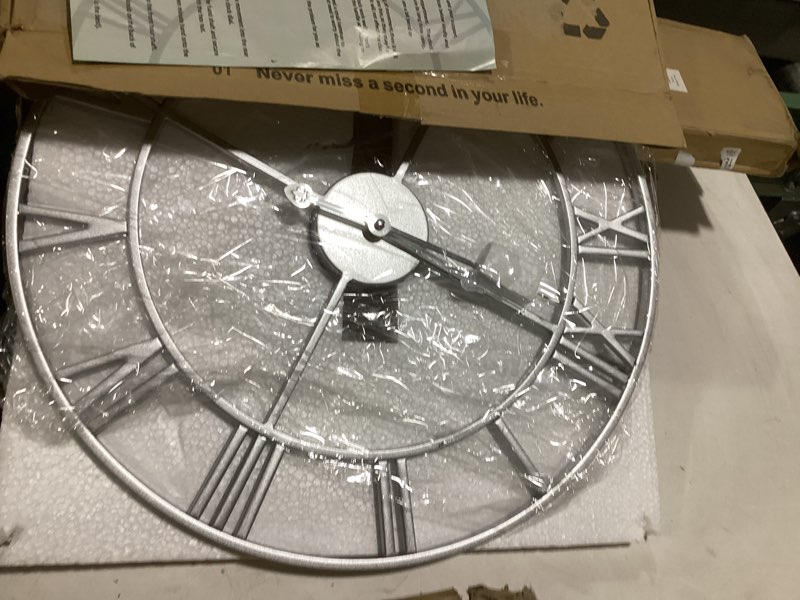 Condition photo showing As Is for 1st owned large wall clock silent non-ticking roman numerals vintage battery operated (24 inch,18inch,16inch) farmhouse wall clock for living room, bedroom, kitchen, cafe decor-silver 40cm