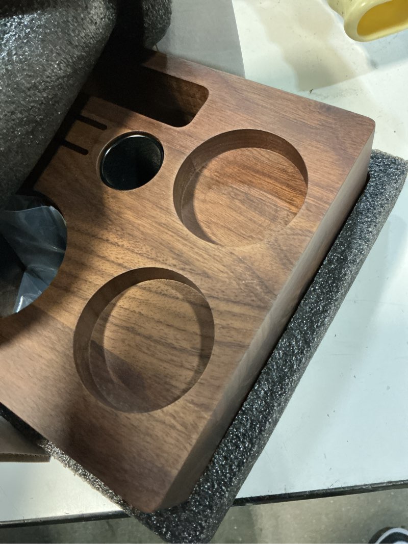 Condition photo showing As Is for walnut espresso tamping station 54mm for breville – coffee accessories organizer tamper, distributor portafilter holder stand, espresso tools storage 54mm walnut