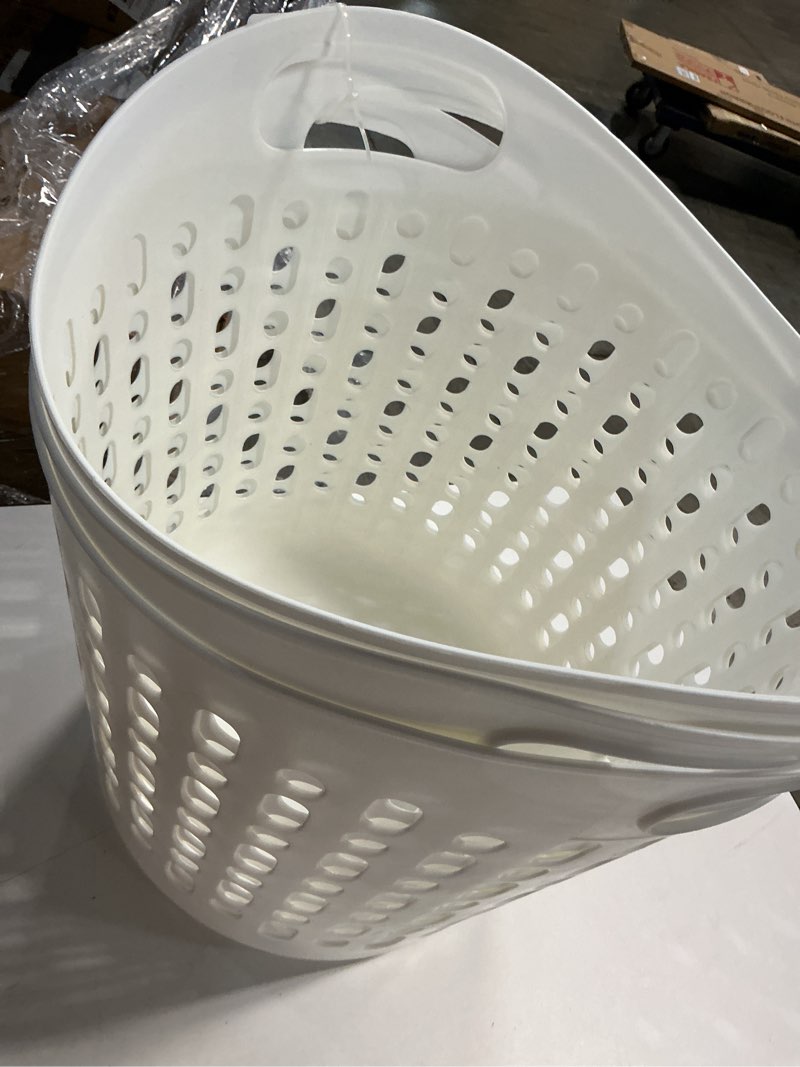 Condition photo showing Good Condition for iris usa plastic laundry basket, 27l - 3 pack, flexible clothes hamper with ventilation holes, laundry room bedroom bathroom apartment dorm blankets pillows trinkets organization, white white 27l - 3 pack