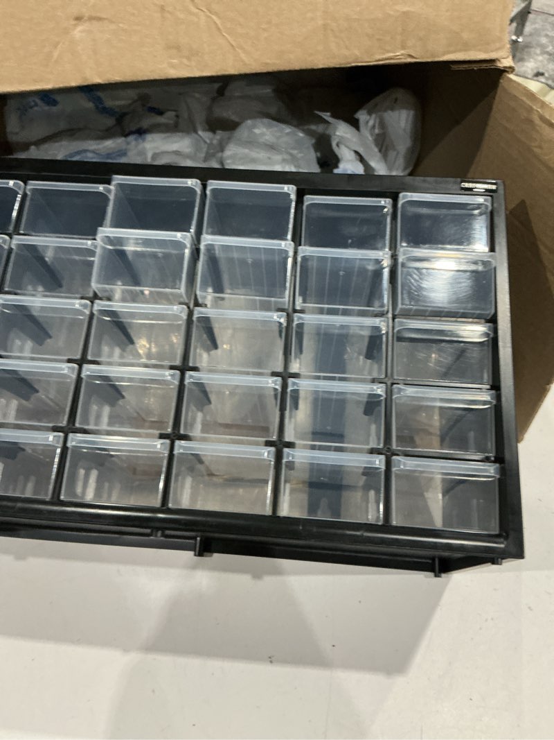 Condition photo showing Good Condition for craftsman storage organizer, 30 small drawer modular storage system, easily stackable, plastic, black, white (cmst40730) 30 30 bins