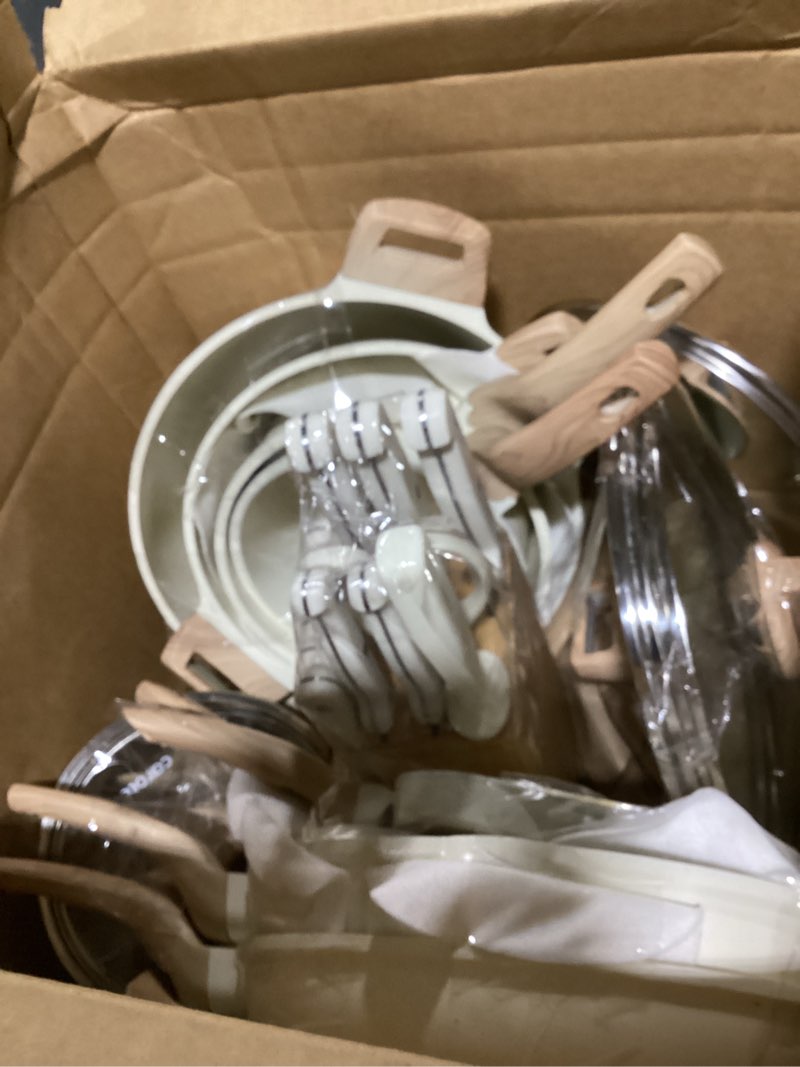 Condition photo showing As Is for CAROTE ICE 35pcs Pots and Pans Set, Nonstick Cookware Sets, White Granite Induction Cookware with Kitchen Knife Set Cream White 35 Piece