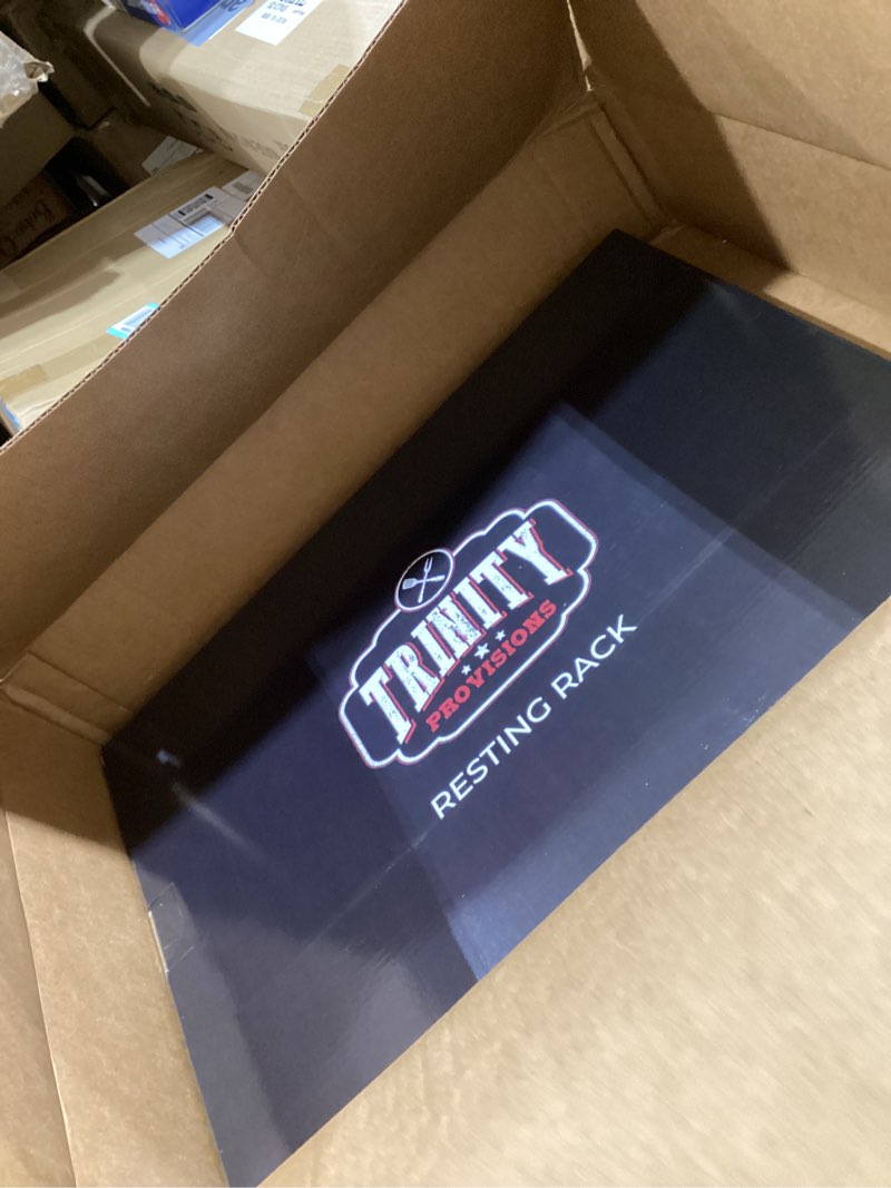 Condition photo showing As Is for trinity provisions meat resting pan - with wire rack and silicone baking mat - dishwasher and oven safe stainless steel, for cooking and cooling steak, bbq, bacon, & more 13" x 18"